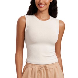 CRZ YOGA Womens Ribbed High Neck Tanks Sleeveless Fitted Basic Tops Going Out Casual Yoga Workout Shirts Milky White (Bone) Medium
