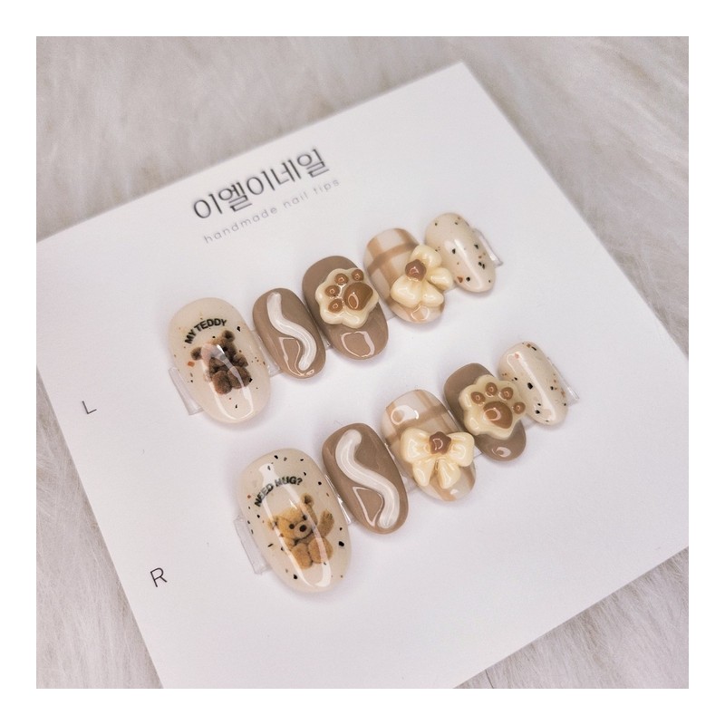 Teddy Bear Bear Nail Handmade Nail Tip - Short Coffin