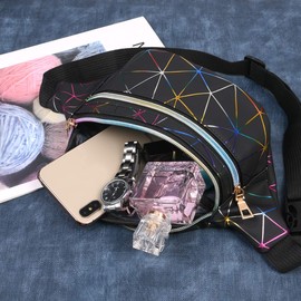 flintronic Waist Bag, Holographic Fanny Pack with PU Leather, Shiny Belt Bag Festival Rave Bumbags for Ladies Travel Party Sports Running Hiking(Black)(1 Business Card Holder Include)