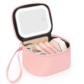 Relavel Mini bolsa de maquillaje con espejo LED, pequeña bolsa de cosméticos con 3 modos de luz, bolsa de maquillaje portátil recargable con correa de