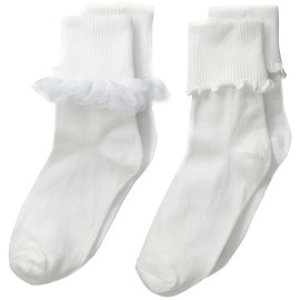 Jefferies Socks Girls' Big Ruffle and Ripple Edge Turn Cuff Socks(Pack of 2), White/White, Small