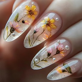 24Pcs Flower Press on Nails Medium Length Almond Shaped Glitter Powder Pearl Design Spring Floral Artificial Fingernails Full Cover Acrylic Fake Nail Glossy Reusable Blossom Stick on Nail for Women
