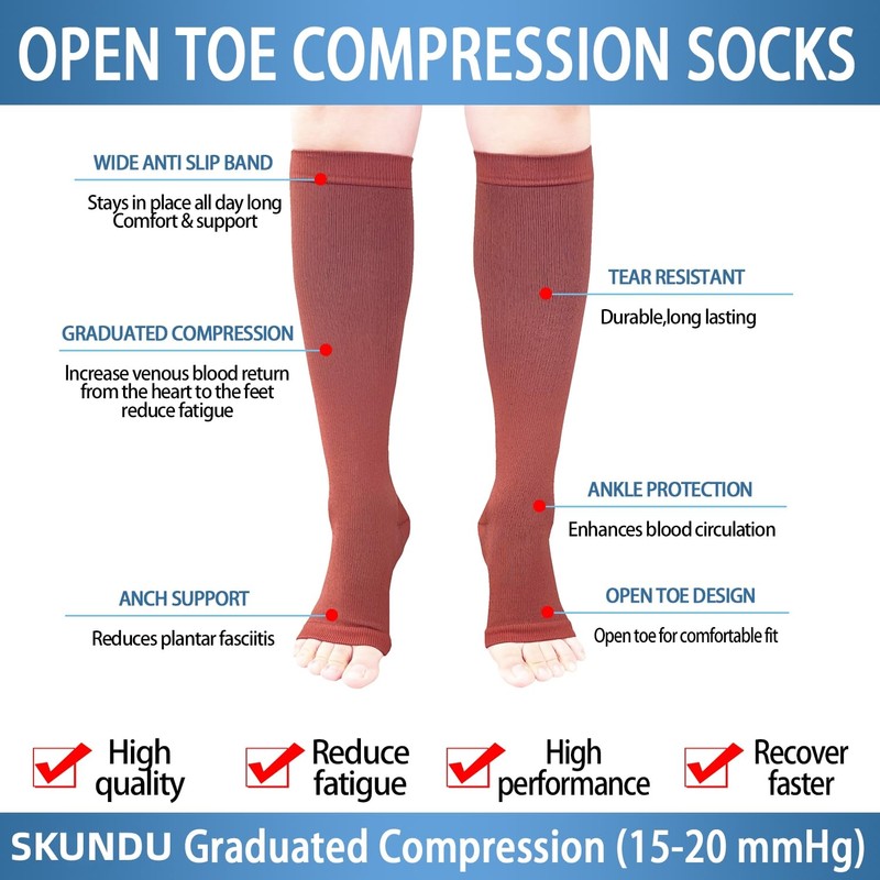 Open Toe Compression Socks 2 Pairs 15-20mmHg Support Circulation Medical