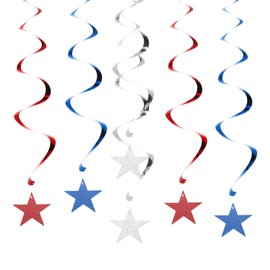 PATIKIL 6pcs Hanging Stars Decorations, 27inch Star Hanging Decorations Party Supplies Shiny Twinkle Streamers for Wedding Birthday Party Graduation Ceiling, Red Blue Silver