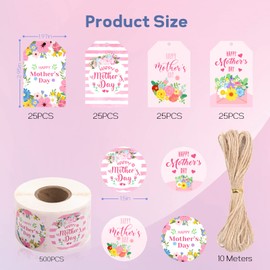 600PCS Happy Mother's Day Gift Tags and Stickers, 4 Styles Floral Hanging Labels with String 500PCS 1.5” Adhesive Labels for Mother's Day Business Personal Decorative Gift Wrapping