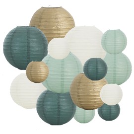 BEISHIDA 16 Pcs Sage Green Gold Paper Lanterns,Hanging Decorative Chinese Japanese Round Paper Lantern Lamp for Birthday Wedding Baby Bride Shower Home Party Decoration