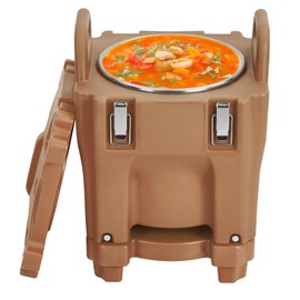 Takywep Insulated Food Pan Carrier -Top Load, Includes Spoon, Wheel and Lock, 20L Capacity, Stainless Steel Liner, Portable for Catering, Family Gathering, Canteen, Restaurant, Brown