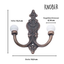 Knober 4 x Double Hooks | Wardrobe Hooks | Clothes Hooks | Vintage Style Iron | Antique Look | Black Ceramic Balls