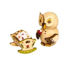 Kuhnert - Decoration / Wooden Figure - Mini Owl with Baby Cradle - Approx. 7 cm - Made in Germany