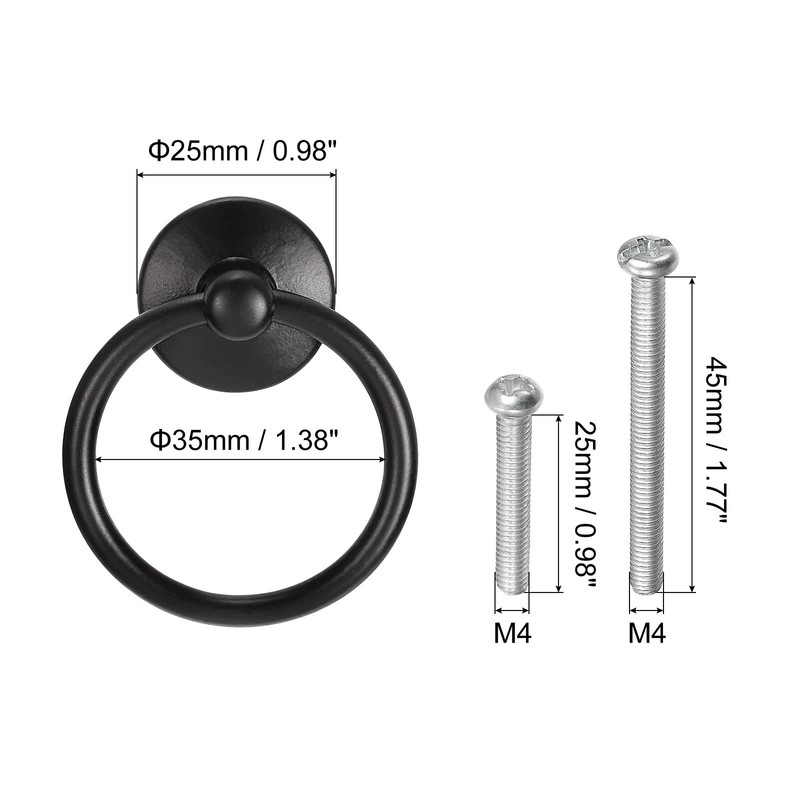 sourcing map 2Pcs Round Ring Pulls, Drawers Knobs Black Circle