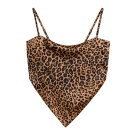 Women's Boho Paisley Print Satin Bandana Top Hanky Hem Tie Back Adjustable Spaghetti Strap Cami Tube Tops Leopard