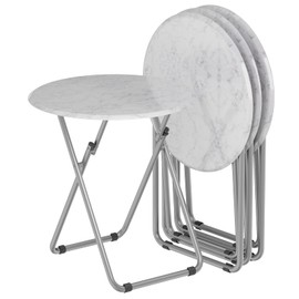 Fleecy day TV Trays Table Set of 4 Round Portable Folding TV Tray Table TV Dinner Tray with Sturdy MDF, No Assembly Required, 17.5 x 17.5 x 26 in (White Marble, 4Pcs)