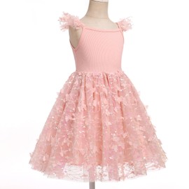 IBTOM CASTLE Fairy First Birthday Outfit: Toddler Flower Girls 3D Butterfly Dress Ribbed Knit Flutter Sleeve Princess Tulle Tutu Dress Pageant Wedding Dance Gown Summer Sundress Light Pink 5-6 Years