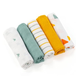 LaLoona 5 x Muslin Nappies 70 x 70 cm - Pack of 5 Soft Muslin Cloths & Burp Cloths, ÖkoTex Tested Baby Cloth Nappies Colourful Made of 100% Cotton - White Mint Yellow