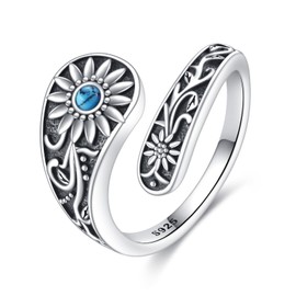 SHEAISRS Turquoise Spoon Rings Sterling Silver Sunflower Ring Vintage Boho Antique Flower Thumb Rings Jewelry for Women Wife Her