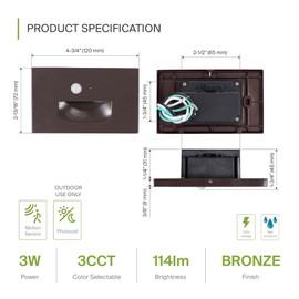 ASD LED Recessed Step Light Fixture, Dusk to Dawn Outdoor Tread Lighting | 3CCT, Motion Sensor, Photocell, Waterproof, ETL Listed | 3W 120LM 3000K-5000K 120V | Staircase Illumination | Dark Bronze