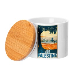 Fabulous Visit Palestine Ceramic Pot with Bamboo Lid - Poster Vintage Travel Art Deco 30s - 16oz - Glass