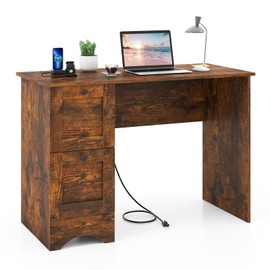 Tangkula Computer Desk with Drawers & Charging Station, Wooden Home Office Desk PC Laptop Notebook Desk, Compact Study Desk Writing Desk, Computer Workstation Ideal for Home & Office (Rustic Brown)