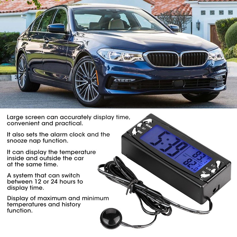 12V Digital Car Thermometer Vehicle Clock LCD Temperature Meter with