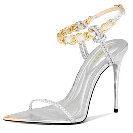 Silver Heels for Women with Gold Chain Ankle Strap Open Toe Pointed Toe Stiletto High Heels for Weddings Formal Events Parties and Evening Wear