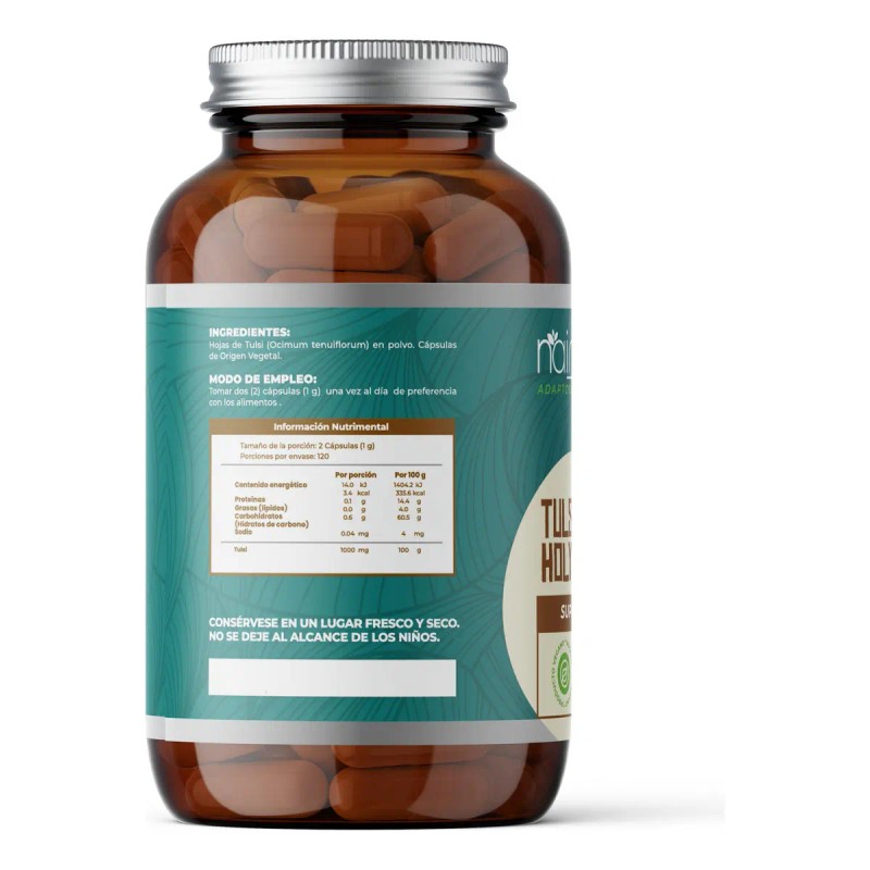 Tulsi Adaptógeno 120 Cápsulas Suplemento Natural Vegano