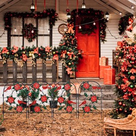 hogardeck Outdoor Christmas Decorations, 2 Pcs Metal Fence Floral Decorative Garden Stakes with Poinsettia Red Birds for Christmas Decor, Yard Signs for Garden Lawn Patio Home