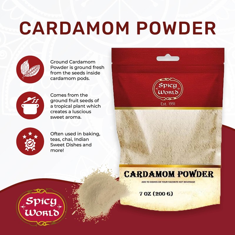 Spicy World Ground Cardamom Powder (Cardamon) 7 Ounce Bag
