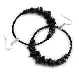 Large Black Glass/Shell/Wood Bead Hoop Earrings/ 75mm Long