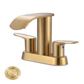 WOWOW Waterfall Bathroom Sink Faucet,Gold Two Handles Bathroom Faucet with Pop up Sink Drain Stopper, 2 or 3 Holes Bathroom Basin Lavatory Mixer Tap with Deck Mount Plate