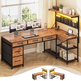 Itaar L Shaped Computer Desk with 5 Drawers and Storage Shelves, Reversible Gaming Desk with with LED Lights, Power Outlets, Home Office Corner Desk with Bookshelf, Rustic Brown