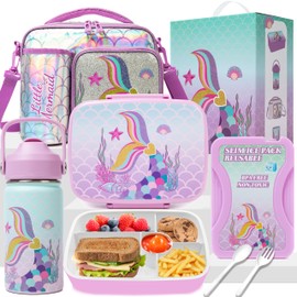 Oruiji Mermaid Bento Box for Kids Lunch Boxs for Girls Bento Lunch Box for Kids Lunch Box Set with 5 Compartments Stainless Steel Water Bottle, Lunch Bag, Ice Pack Set Back to School Supplies