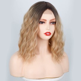 Luovce Synthetic Wigs For Women Shoulder Length Short Wavy 14 inches Small-Part-Lace Front Wigs Ombre Blonde Color #R4/27/613
