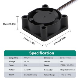 ENOMAKER P1P P1S Extruder Hotend Cooling Fan 2PCS, 2510 Brushless Axial Fans, 17500 RPM High Speed for Efficient Hot End Nozzle Cooling for Bambu Lab P1 Series 3D Printers
