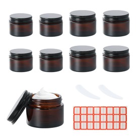 Pack of 8 Amber Glass Empty Containers, Refillable Cream Jars and Ointment Jars, Cosmetic Containers with Lid, Spoon and Sticker, Brown Glass Travel Pots for Lotions, Creams and Essential Oils (20 ml