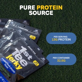 1st Tee Cracked Black Pepper Beef Jerky made with grass-fed beef jerky, 13 grams proteins and one gram fat per serving 2.5oz
