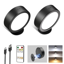 EZVALO LED Wall Mounted Lights, 5500mAh Rechargeable Wall Sconces Lamp, 3 Color Temps & Remote and Touch Control, 360°Rotation Dimmable Cordless Wall Light for Bedroom Reading Study Bedside (2 Pack)