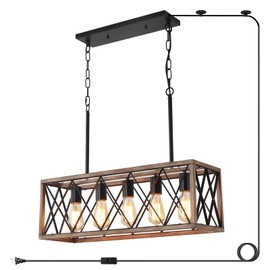 KEESFU Farmhouse Chandeliers for Dining Room with Plug in Cord, 5-Light Kitchen Island Lighting Hanging Pendant Light, Farmhouse Light for Kitchen, Dining Room Table, Pool Table. (Wood Grain Color)