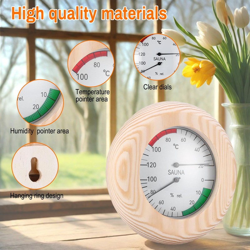 Sauna Thermometer Hygrometer: 2-in-1 Round Wooden Sauna Room Thermometer and