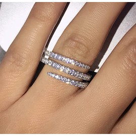 Cuteshop 925 Sterling Silver Shiny Full Diamond Ring Three Rows Cubic Zirconia Cocktail Rings CZ Diamond Multi Row Ring Eternity Engagement Wedding Band Ring for Women Girls (6)