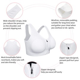 Fapreit Women's Zip Front Closure Sports Bra - Seamless Wirefree Post Surgery Padded Racerback Workout Gym Yoga Bras 2 Pack (Black, White)