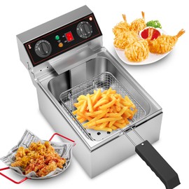 10.6QT/10L Electric Deep Fryer w/Basket & Lid, Stainless Steel Countertop Fryers, 3000W Single Tank Frying Machine w/Adjustable Temperature & Timer for Restaurant Kitchen