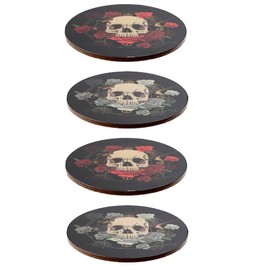 4 Glass Drinks Cork Coasters with Skull and Roses Motif Gothic