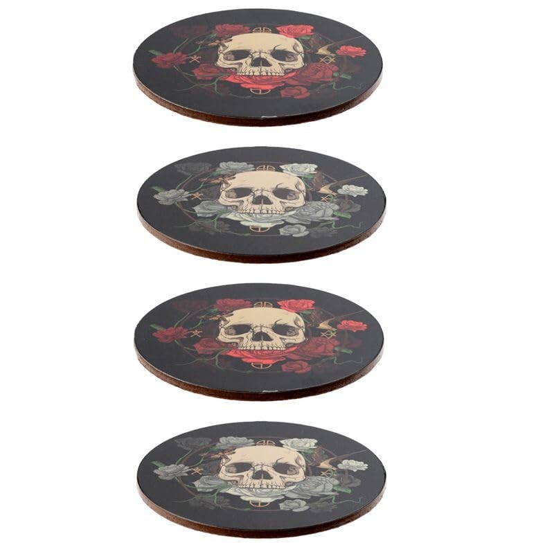 4 Glass Drinks Cork Coasters with Skull and Roses Motif