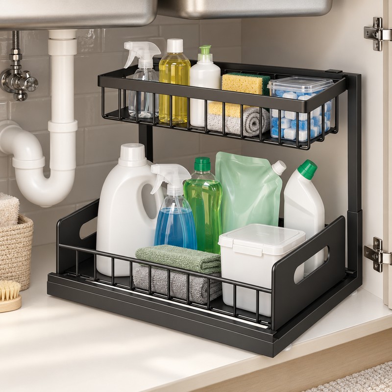 2-Tier Under Sink Organizer for Cabinet Storage – Sliding Metal