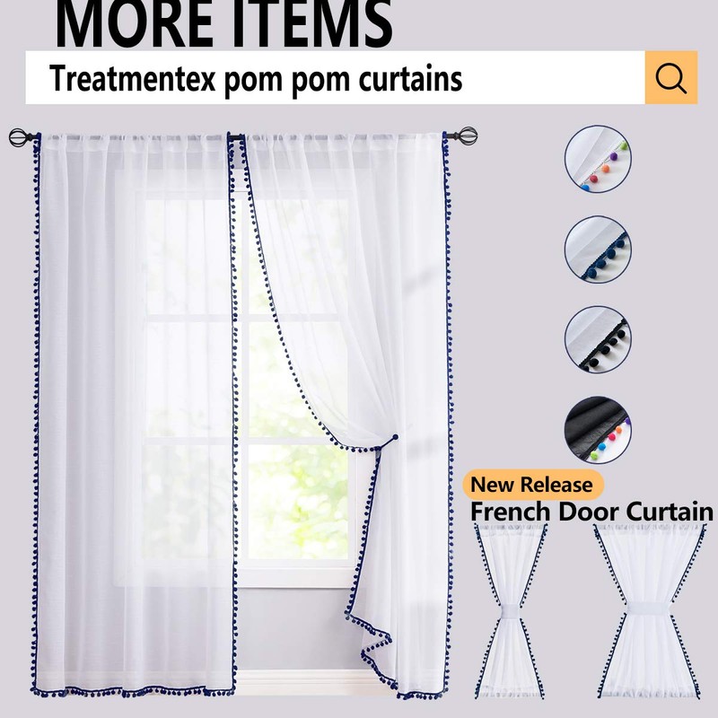 Pom-Pom Blue Sheer Curtains for Bedroom 63" Window Drapes Rod