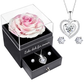 Miofula Eternal Rose Gifts for Women, Preserved Roses with Heart Necklace and Earrings Made of 925 Sterling Silver, Rose Gift Box for Mum Wife for Birthday, Christmas, Valentine's Day, Mother's Day