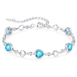 LOUISA SECRET Five Love Heart Birthstone Bracelets for Women, 925 Sterling Silver Fine Jewelry, Charm Link Bracelets Birthday Anniversary Christmas Gift for Women Wife Mom Girlfriend Lady