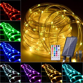Nazuwke 49FT Solar Rope Lights Outdoor Waterproof, 18 Colors Changing 150 LEDs Fairy String Lights USB & Solar Powered with Remote, Multicolor Tube Light for Outside Trampoline Yard Christmas Decor
