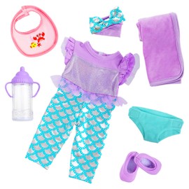18INDC Baby Doll Clothes 16-18 Inch Mermaid -Themed Baby Dolls Accessories Set - Onesie Outfit, Blanket, Headband, Diaper, Bid, Bottle and Shoes