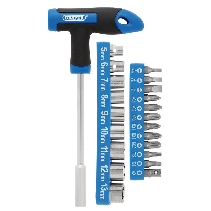 Draper 21011 T-Handle Screwdriver, Socket and Bit Set, 1/4" Sq.